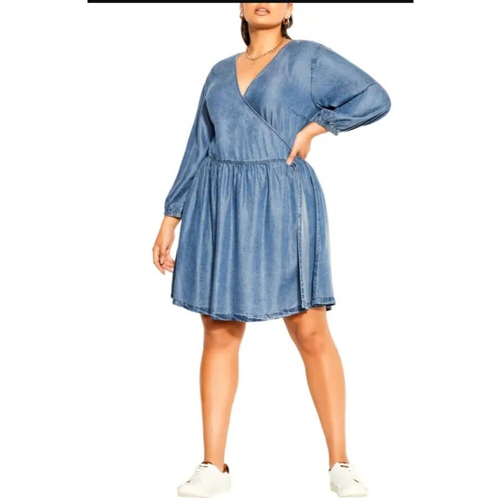 City Chic Womens Sz M/18 Pared Back Long Sleeve Chambray Denim Wrap Dress Lyocel